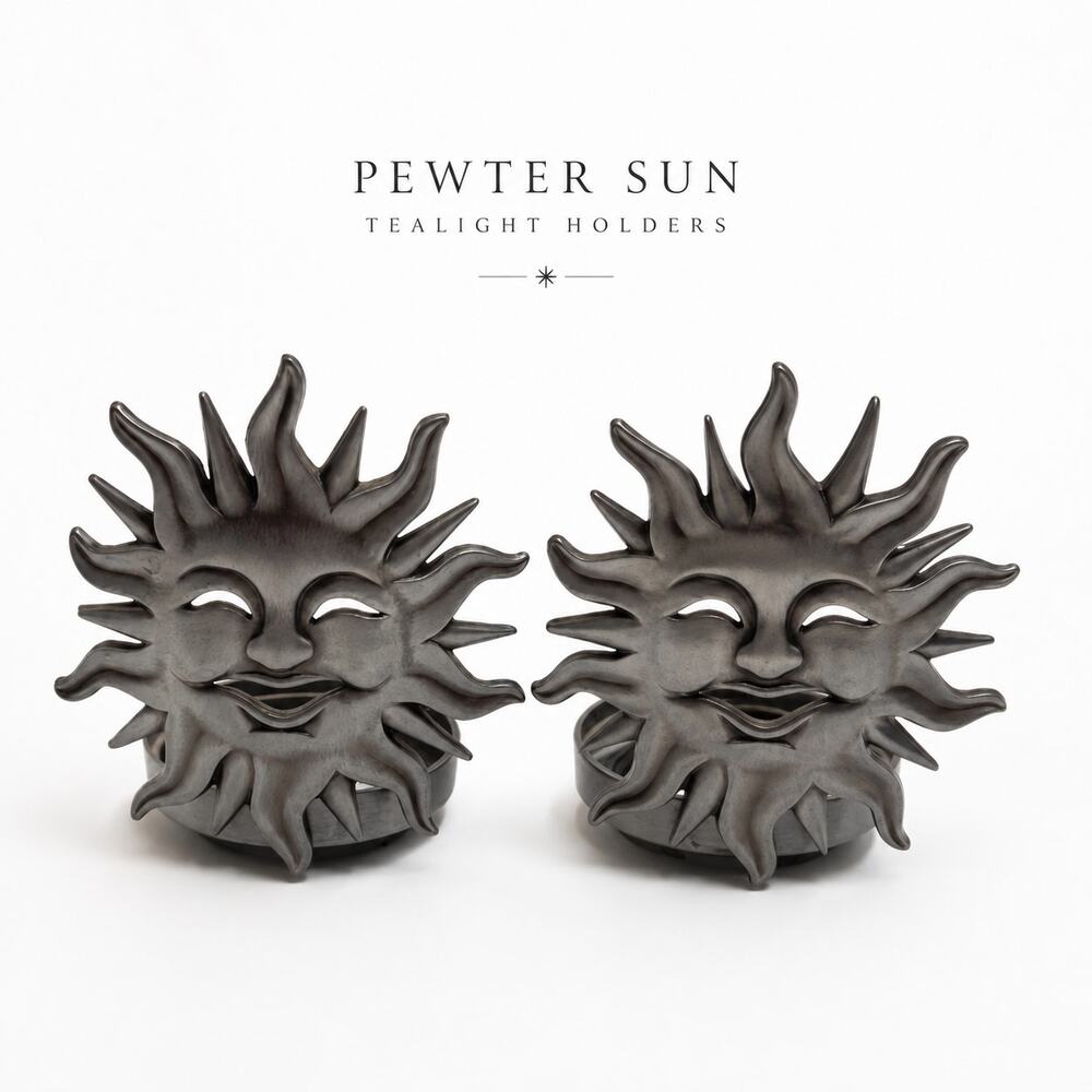 Pair Pewter Smiling Sun Tealight Candle Holders Celestial Gothic Boho Decor